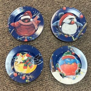 Cyprus set of four Christmas plates, birds with holders to hang if desired EUC